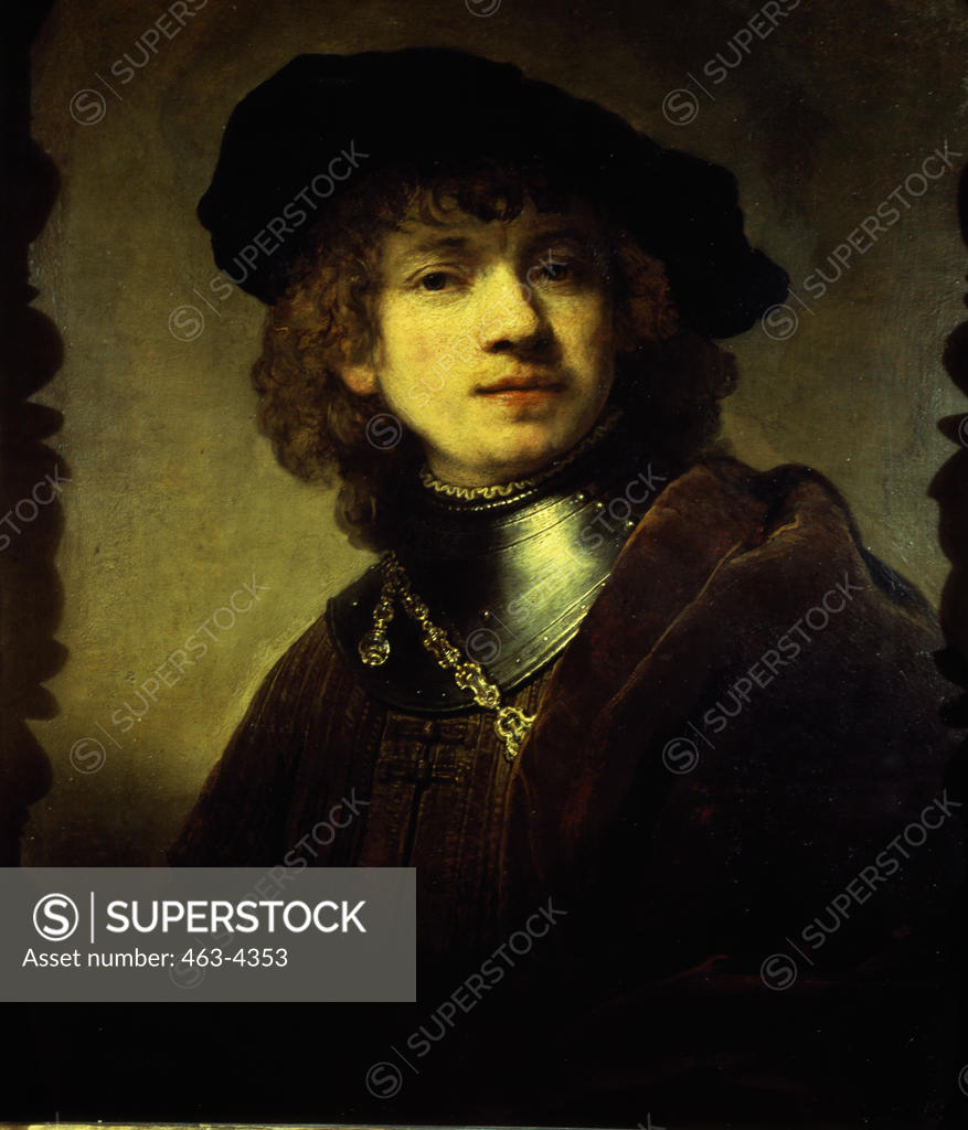 Stock Photo: 463-4353 Self-portrait With Iron Collar by Rembrandt Harmensz van Rijn,  1606-1669,  Dutch,  oil on canvas,  Italy,  Florence,  Galleria degli Uffizi,  1633/34