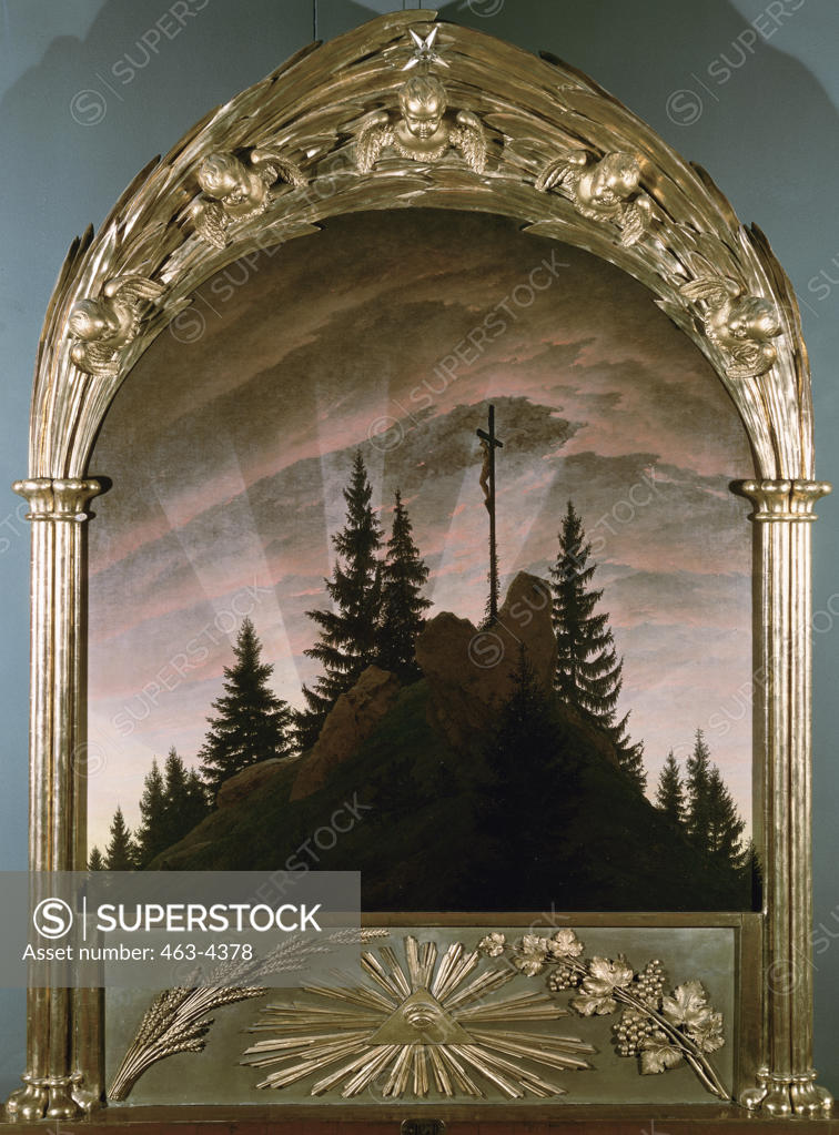 Stock Photo: 463-4378 The Cross in the Mountains by Caspar David Friedrich,  oil on canvas,  Germany,  Dresden,  Staatliche Kunstsammlungen,  1808