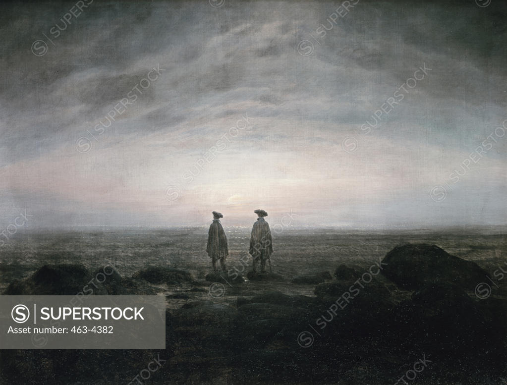 Stock Photo: 463-4382 Two Men at the Seaside While the Moonrises by Caspar David Friedrich,  oil on canvas,  Germany,  Berlin,  Staatliche Museen Preussischer Kulturbesitz,  1817
