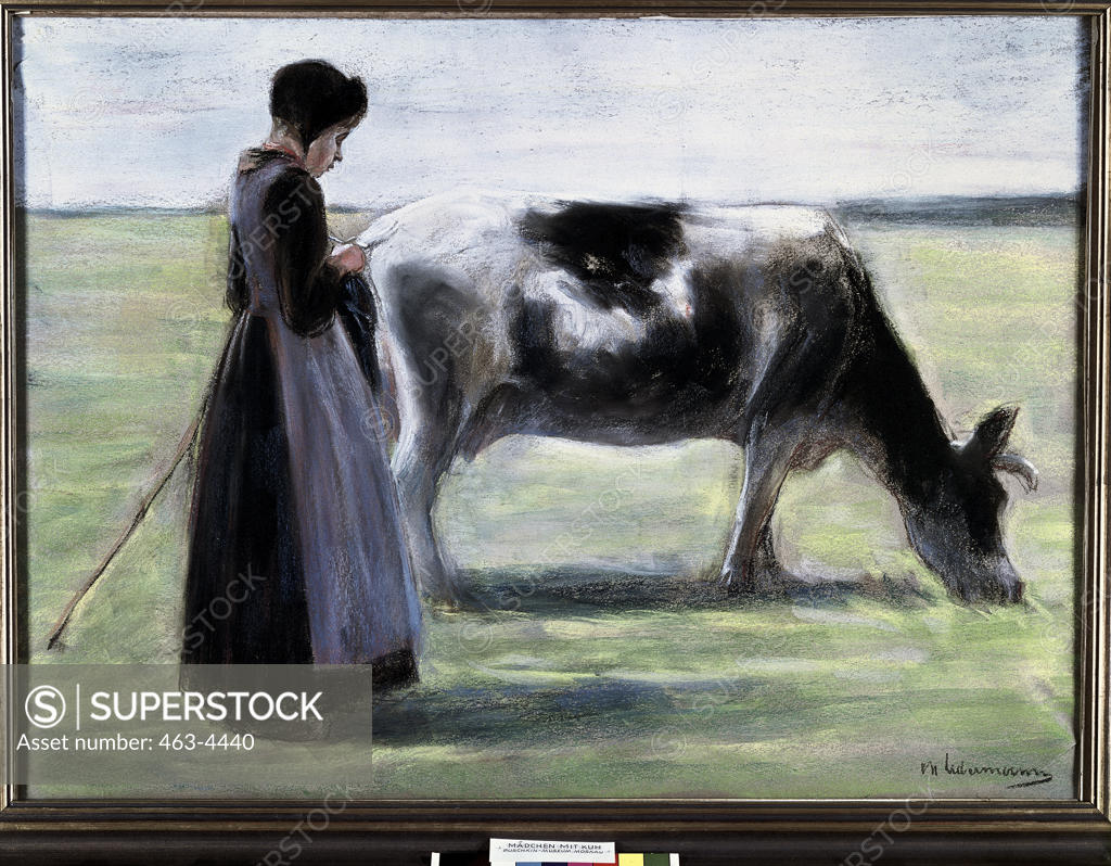 Stock Photo: 463-4440 Girl with Cow  Max Liebermann (1847-1935 German) Pastel Pushkin Museum of Fine Arts, Moscow, Russia