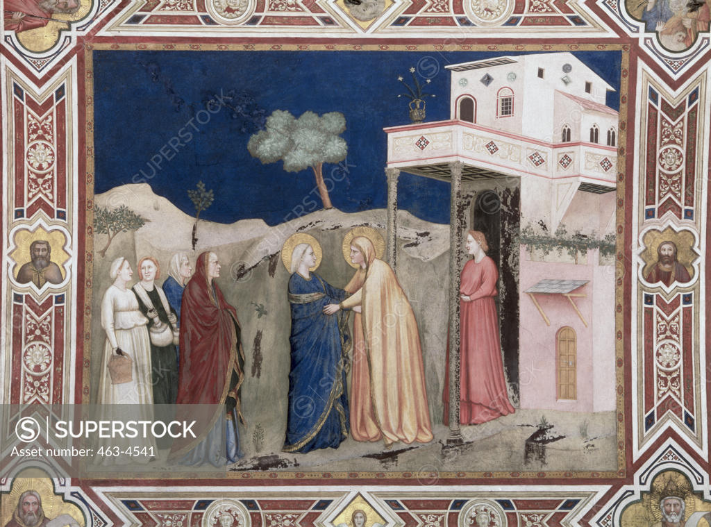 Stock Photo: 463-4541 The Visitation 1310's Giotto (ca.1266-1337 Italian) Fresco Church of San Francesco, Assisi, Italy
