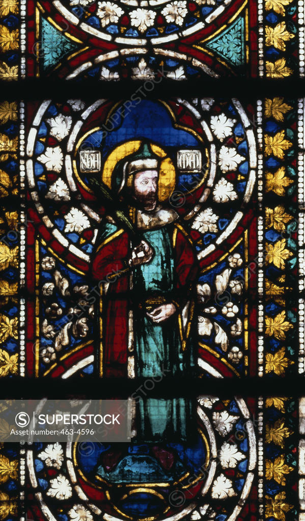Stock Photo: 463-4596 St. Damian - Right Window Detail of The Martin's Chapel (Lower Church),  stained glass,  Italy,  Assisi,  Church of San Francesco,  1253