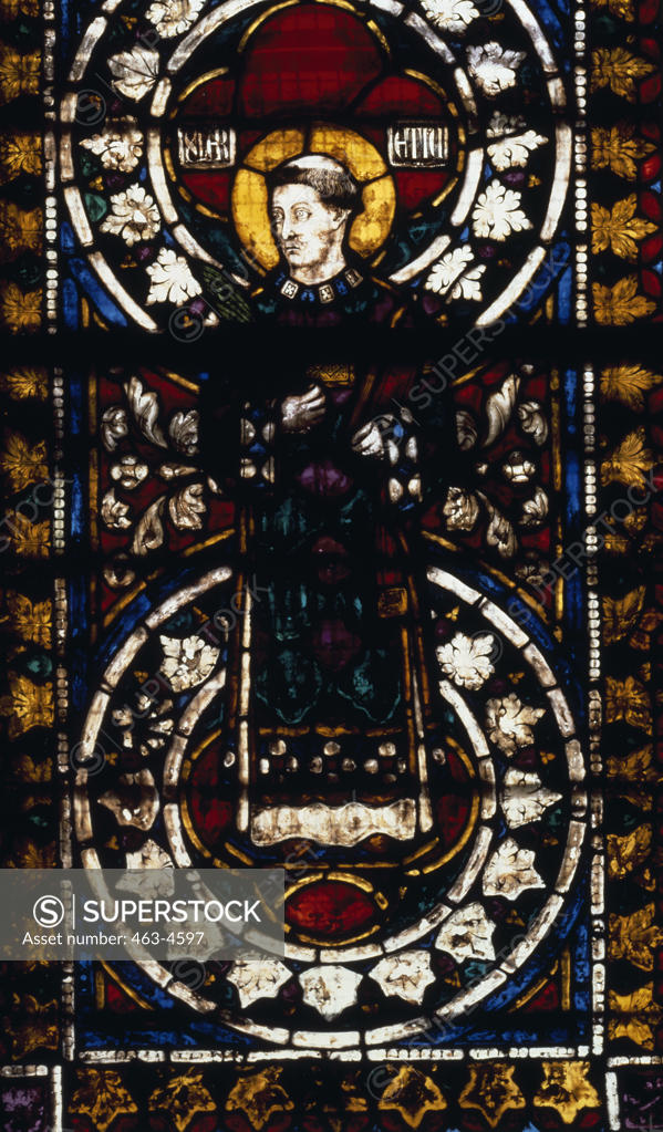Stock Photo: 463-4597 St. Laurentius - Right Window Detail of The Martin's Chapel (Lower Church),  stained glass,  Italy,  Assisi,  Church of San Francesco,  1253