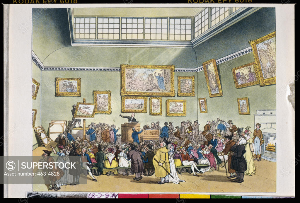 Stock Photo: 463-4828 Christie's Auction Room 1808 Thomas Rowlandson (1756-1827 British) Colored Etching