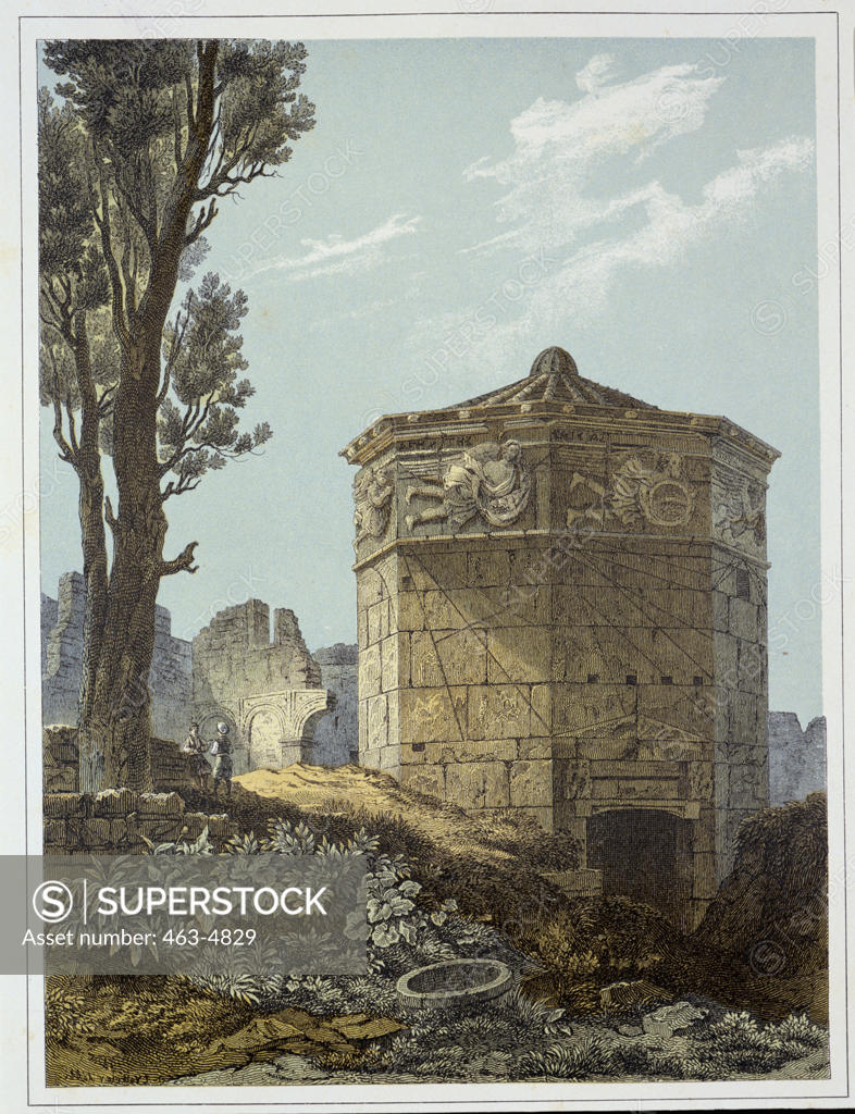 Stock Photo: 463-4829 Tower of the Winds in Athens C. 1890 Carl Votteler (19th C.) Color Lithograph