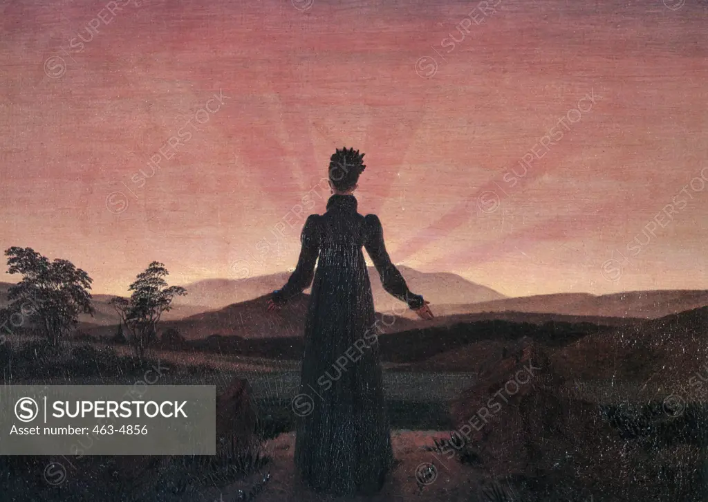 Woman at Dawn,  by Caspar David Friedrich, 1774-1840 German,  oil on canvas,  Germany,  Essen,  Folkwang Museum,  1818