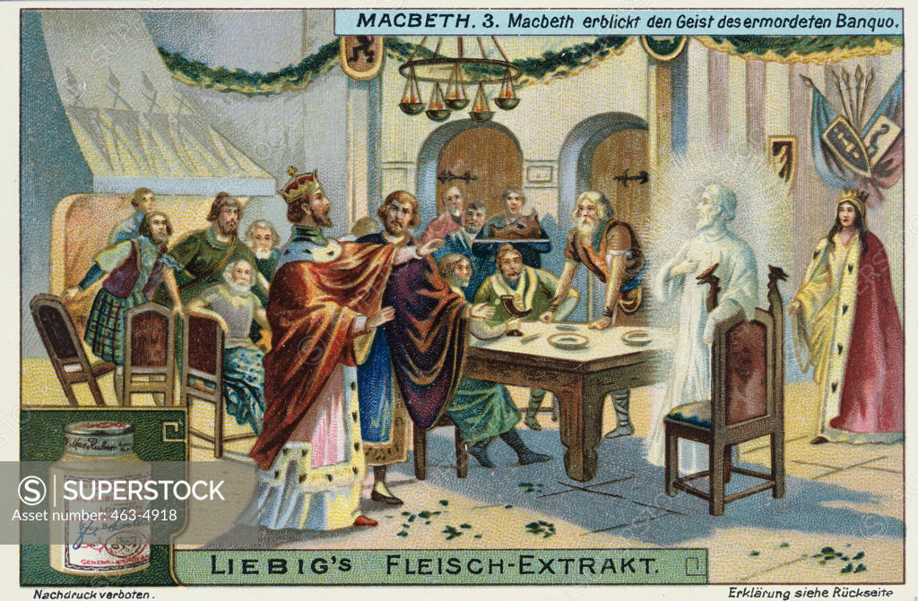 Stock Photo: 463-4918 Macbeth Sees The Ghost Of The Murdered Banquo C. 1910 Artist Unknown Color Lithograph