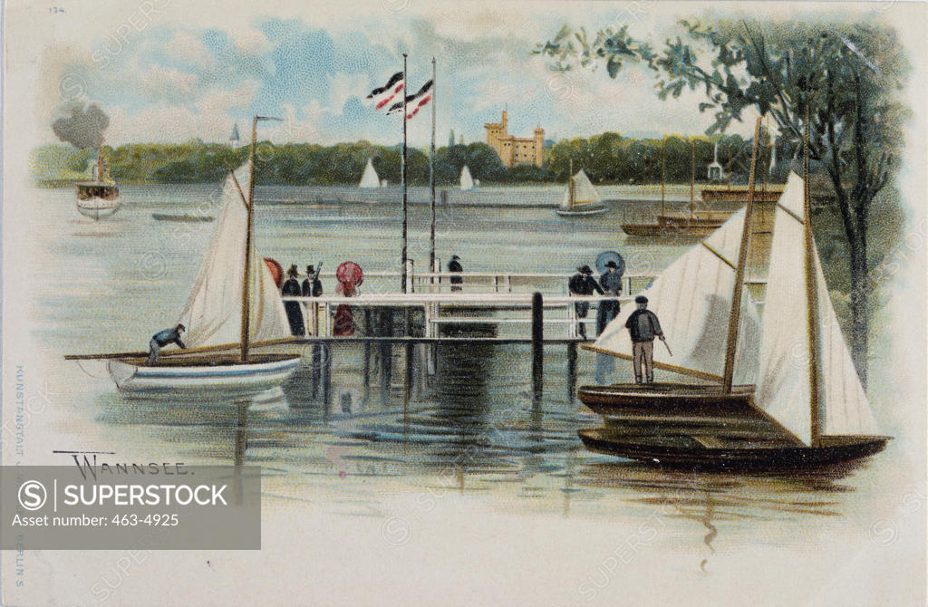Stock Photo: 463-4925 Boating Dock & Walkway At Wannsee, Berlin  1905 Artist Unknown Colored Print