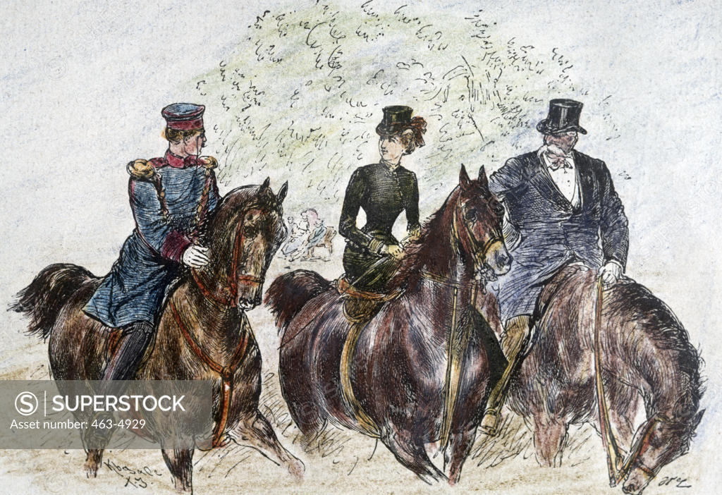 Stock Photo: 463-4929 Group of Horsemen in the Zoo,  E.Luders,  colored wood engraving,  1890