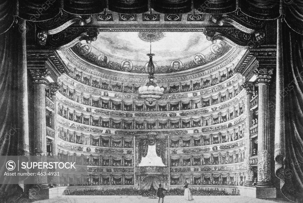 Stock Photo: 463-4931 Teatro Della Scala,  View From Stage to Auditorium,  lithograph,  artist unknown,  1840