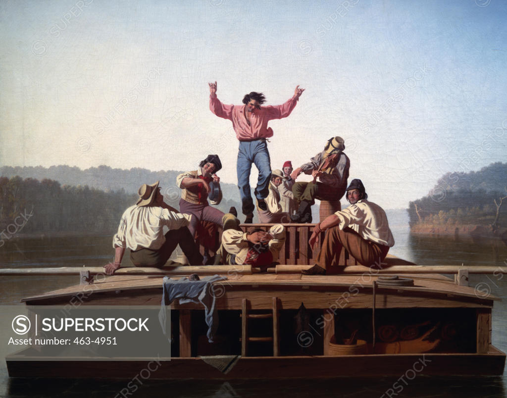 Stock Photo: 463-4951 The Jolly Flatboatmen,  George Caleb Bingham,  1811-1879 American,  oil on canvas,  Private Collection,  1846