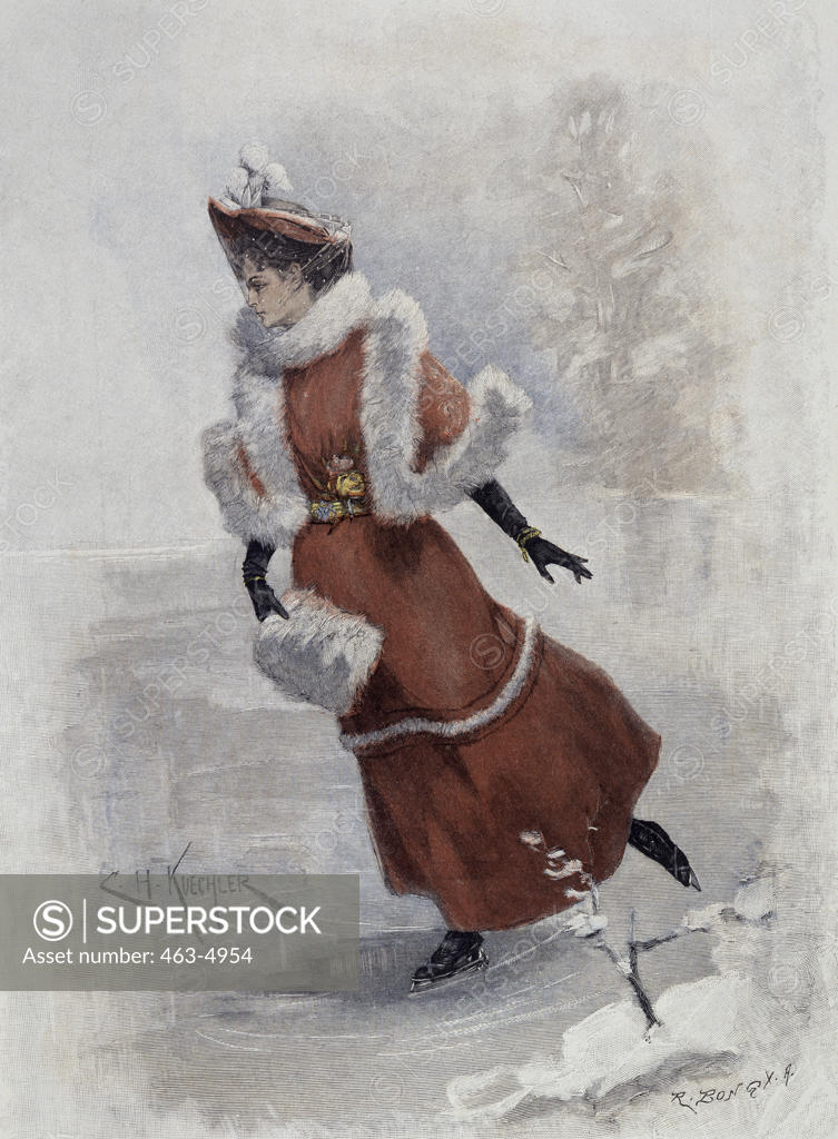Stock Photo: 463-4954 Winter Pleasures 1895 Carl Hermann Kuechler (1866-1903 ) Colored Wood Cut