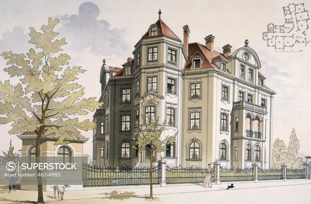 Stock Photo: 463-4983 Apartment House in Munich,  architecture by Vogt and Neuhof,  colour lithograph,  1890