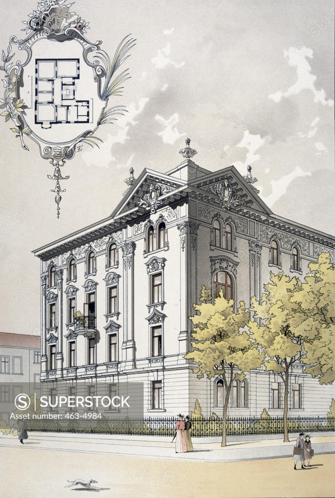 Stock Photo: 463-4984 Apartment House in Munich,  architecture by Vogt and Neuhof,  colour lithograph,  1890