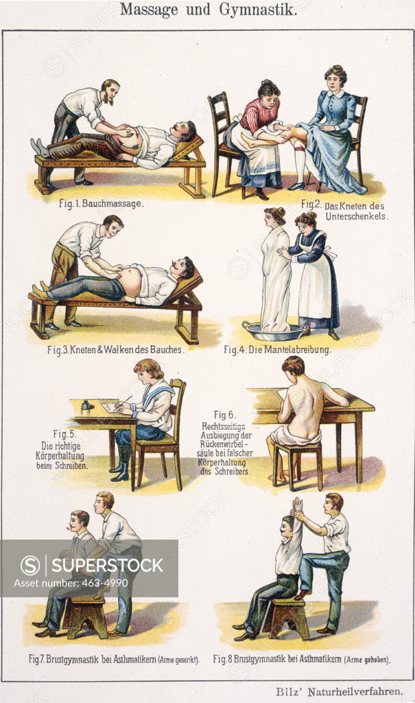 Stock Photo: 463-4990 Massage and Exercises,  colour lithograph,  artist unknown,  1901