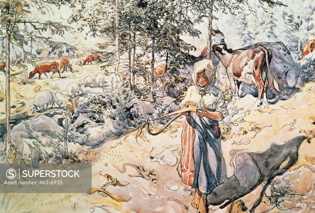 Stock Photo: 463-6935 Weaving Girl by Carl Larsson, 1855-1919 Swedish,  watercolor,  pencil drawing,  Sweden,  Stockholm,  Bonniers-Forlag