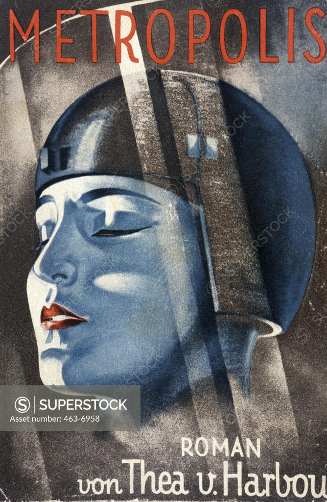 Stock Photo: 463-6958 Metropolis cover title of Berlin edition with Thea von Harbou by unknown artist,  color print,  1926