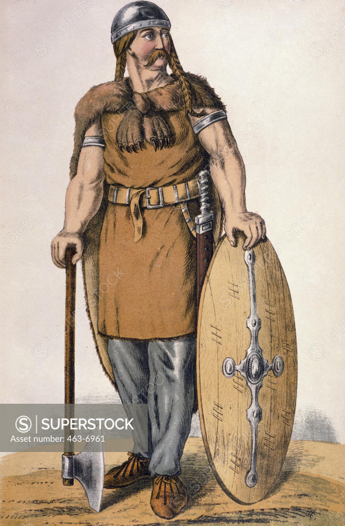 Stock Photo: 463-6961 Langobard warrior,  color lithograph,  Germany,  Berlin,  Archiv fur Kunst und Geschichte,  circa 1880