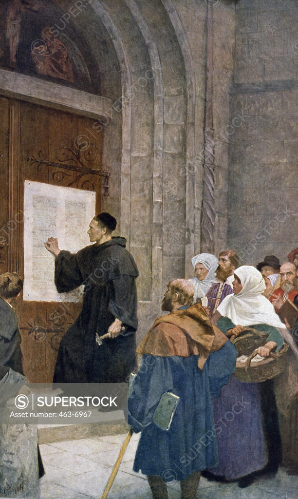 Stock Photo: 463-6967 Luther Attaching the Theses at the Castle Church by Hugo Vogel,  1855-1920 German,  color print,  19th Century