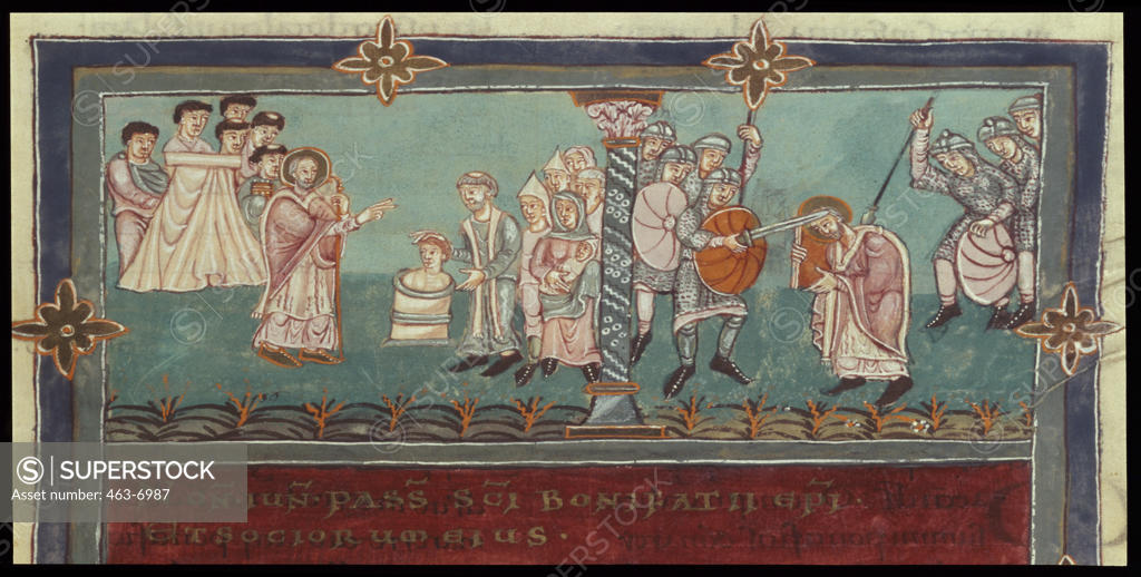 Stock Photo: 463-6987 Apostle of the Germans- Christening of Teutons and Martyr Death of Boniface at Dokkum 6 5 754 975 CE Manuscripts University of Library, Gottingen 