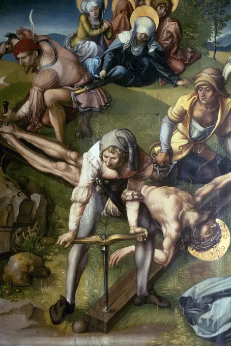 Nailing Christ's Feet to the Cross 1495 Albrecht Durer (1471-1528 German) Oil on wood panel Gemaldegalerie, Dresden, Germany
