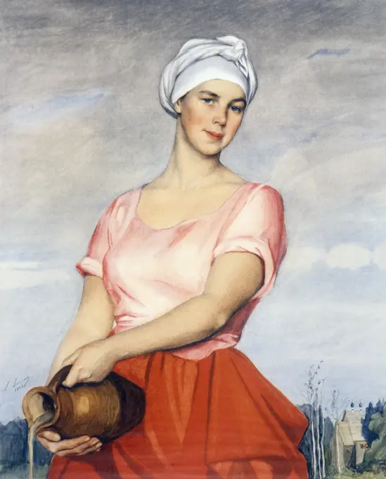 Russian Farmer Woman With a Jug by Savelij Abramovic Sorin,  1878-1953 Russian,  pencil and watercolor,  1926