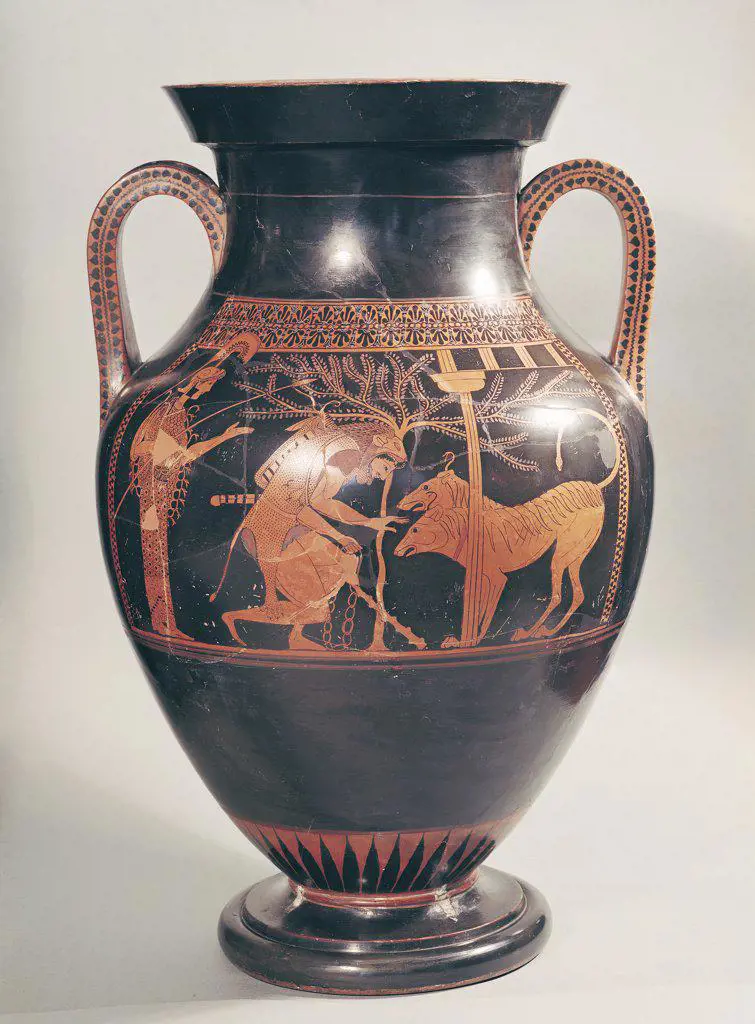 Attic Red-Figure Belly Amphora Depicting Herakles Capturing Kerberus, Greek, From Athens 6th C. BC Andokides Painter (attr. to)(Greek) Pottery
