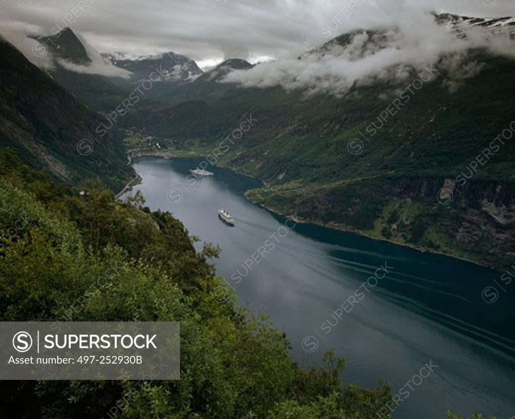 Stock Photo: 497-252930B Cruise ships in a fjord, Geirangerfjord, Geiranger, Norway