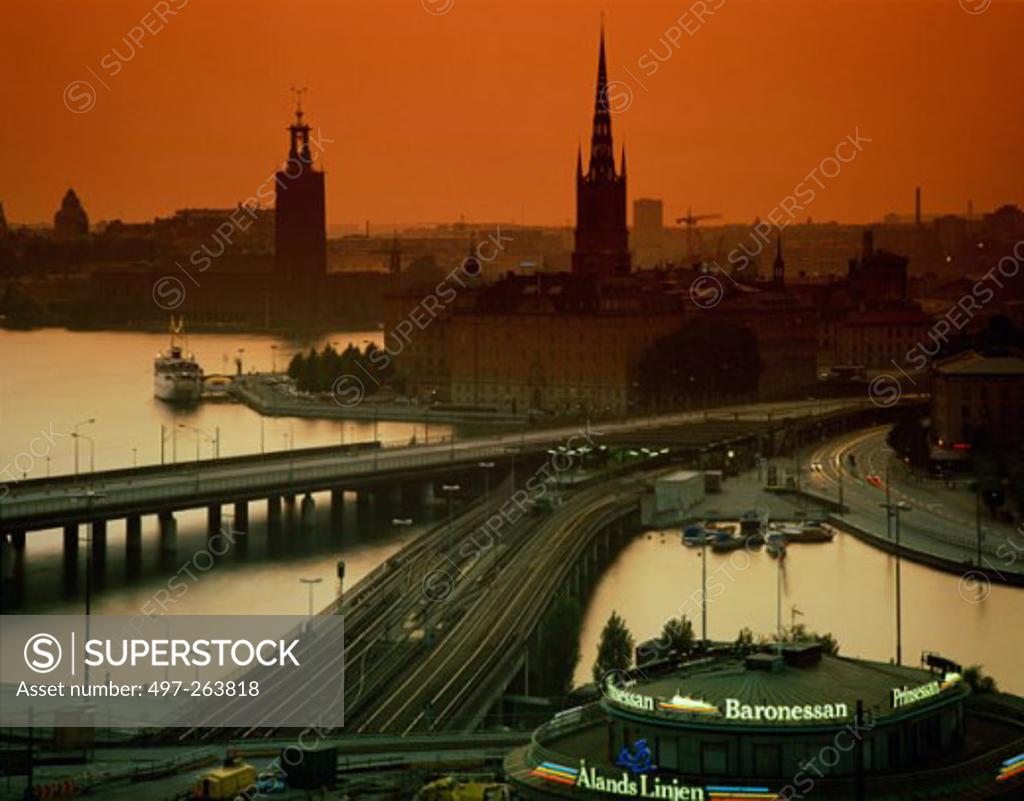 Stock Photo: 497-263818 View of a city during sunset, Stockholm, Sweden