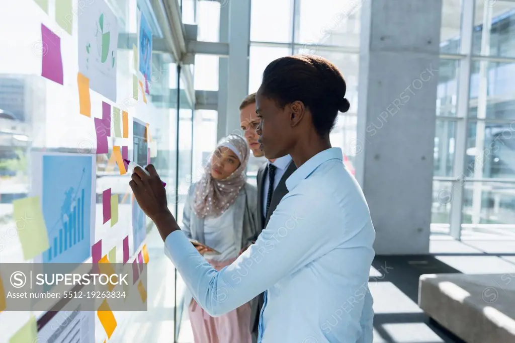 Multi-ethnic Business people discussing over sticky notes in office. Modern corporate start up new business concept with entrepreneur working hard
