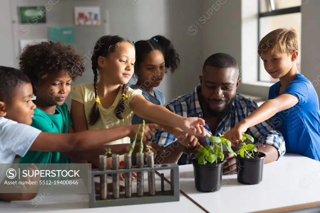 Multiracial elementary school students gesturing on plants at desk in classroom. unaltered, education, childhood, teaching, science, stem and school concept.
