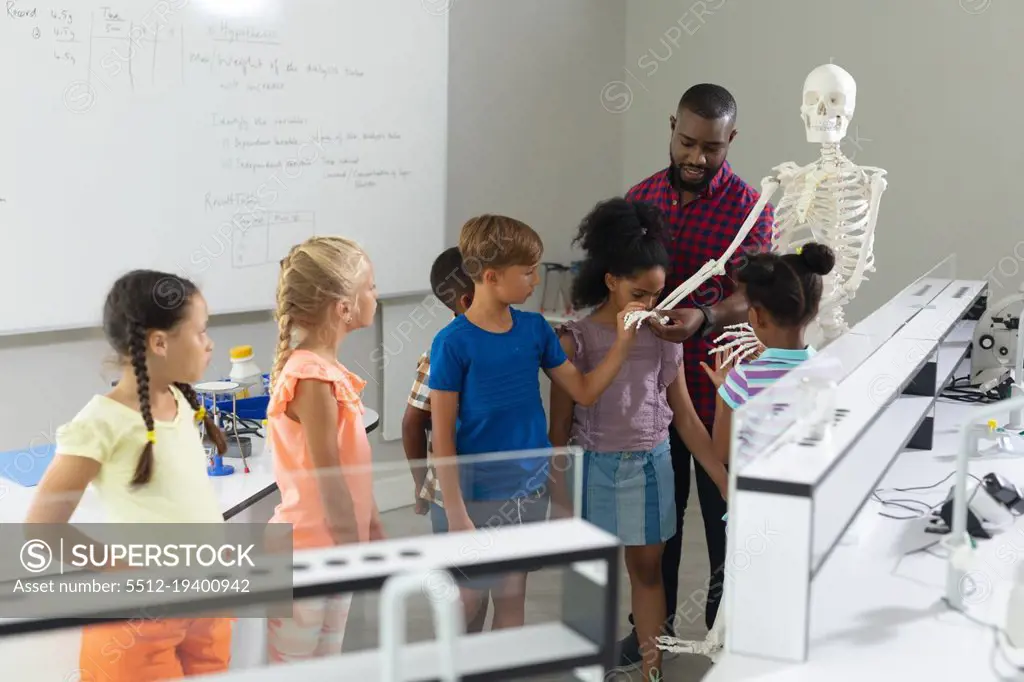 African american young male teacher showing skeleton to multiracial elementary students in lab. unaltered, education, childhood, learning, science, stem, teaching and school concept.