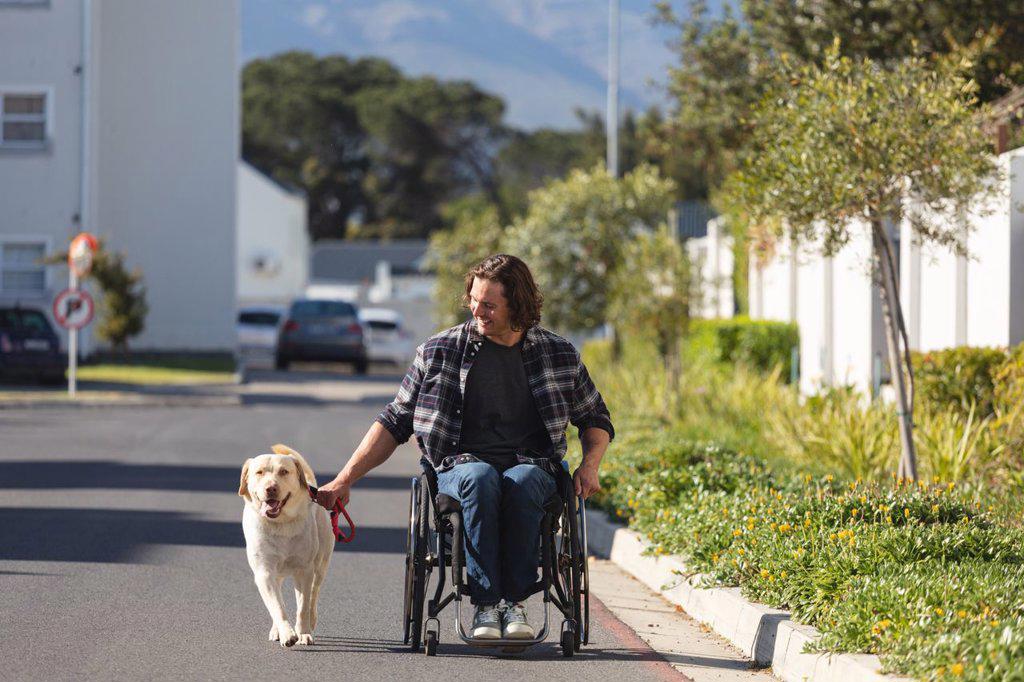 Caucasian disabled man with dog sitting on wheelchair on the road. disability and handicap concept