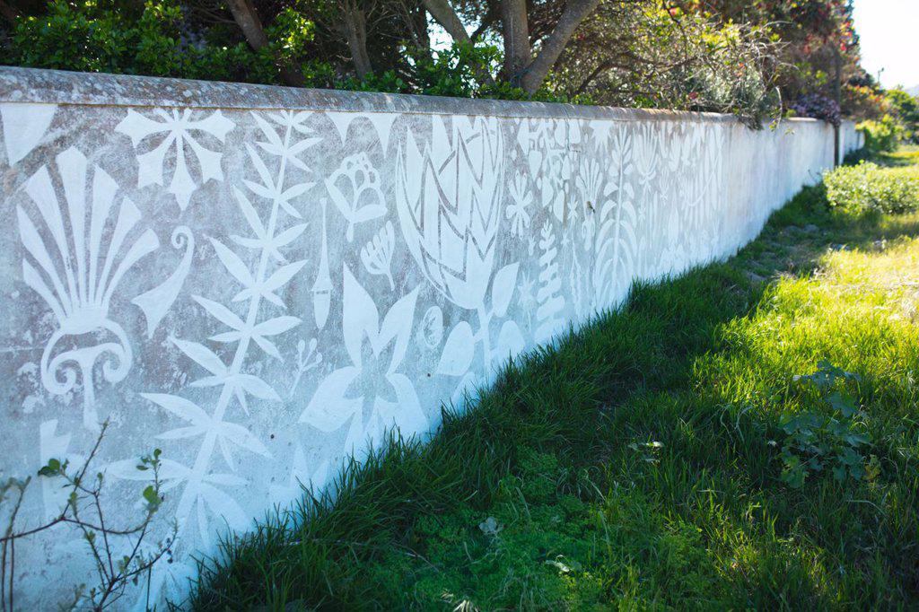 Beautiful creative abstract mural painting covering entire surrounding wall by grass. street art and creativity.