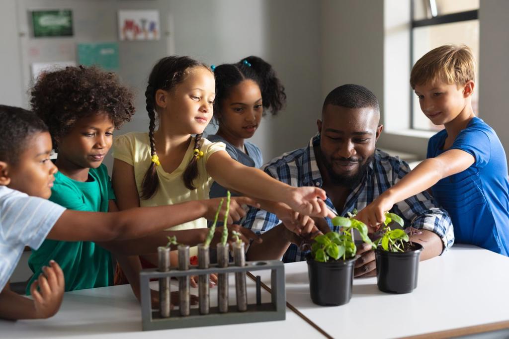 Multiracial elementary school students gesturing on plants at desk in classroom. unaltered, education, childhood, teaching, science, stem and school concept.