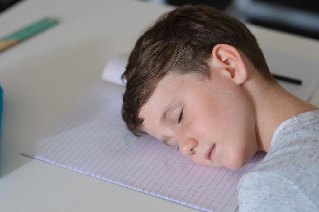Close-up of caucasian elementary schoolboy sleeping on book at desk in classroom. unaltered, education, childhood, tired, relaxation and school concept.