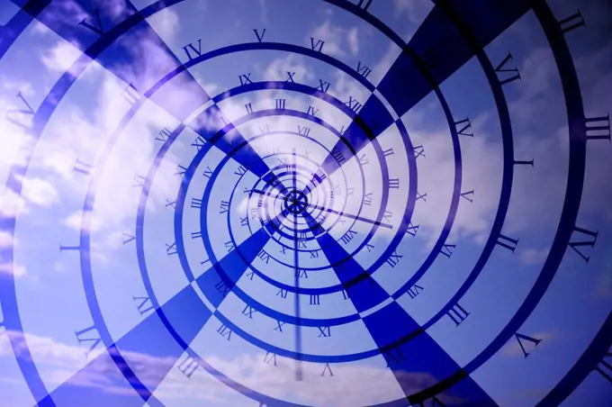 Digitally generated roman numeral clock vortex on blue sky background