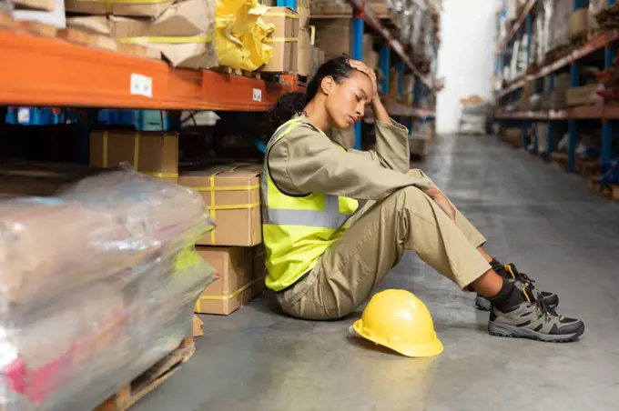 Tired female staff sitting on floor in warehouse. This is a freight transportation and distribution warehouse. Industrial and industrial workers concept