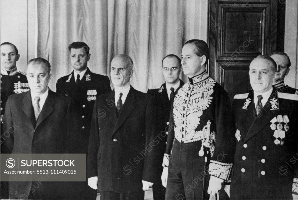 Stock Photo: 5513-111409015 Hayter At The Kremlin Sir William Hayter, new British Ambassador to the U.S.S.R. (second from right), is seen at the Kremlin in Moscow on October 10 when he presented his credentials. Shown Are (front Row, from left) N.M. Pegov, Secretary to the Praesidium of the Supreme Soviet; M.P. Tarasov, vice president of the Supreme Soviet, who received the British envoy's credentials Sir William Hayter; and V.A. Zorin, Deputy foreign minister. October 14, 1953. (Photo by Associated Press Photo).