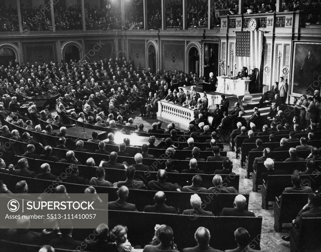 Stock Photo: 5513-111410057 Report On State Of The Union -- This is a general view of the Eighteenth congress as president Truman presented his message on the state of the union to a joint session of the senate and the house of representatives. January 07, 1947. (Photo by Wide World Photos).