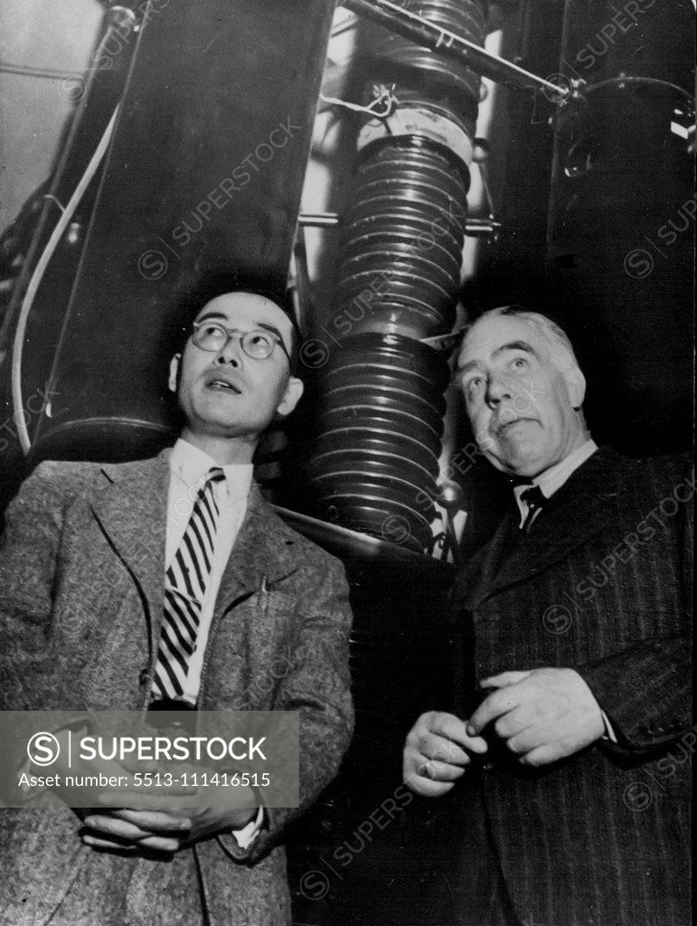 Stock Photo: 5513-111416515 The Atom Experts Meet Professor Hideku Yukawa (left) visits Professor Niels Bohr at the Danish Institute of Atomic Research in Copenhagen. Professor Yukawa is this received the award in 1922. The two men are probably the foremost scientists of to-day, in the world of atomic knowledge. December 19, 1949. (Photo by Sport & General Press Agency Limited).