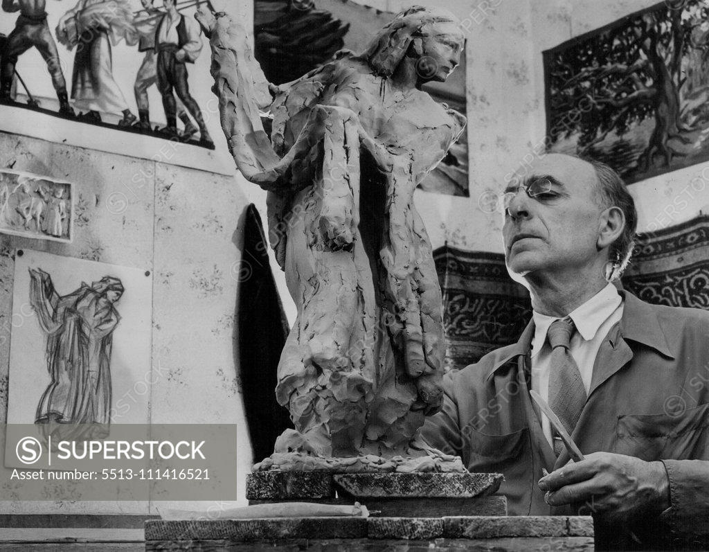 Stock Photo: 5513-111416521 Zagor at work on a model of a peasant women. On the wall is the sketch from which the sculpture is being mad. March 25, 1953.