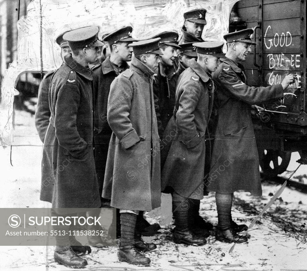 Stock Photo: 5513-111538252 The Evacuation of the Rhine: A Tommy checking his farewell on a Cologne railway truck. The British army after seven years, began the evacuation of cologne, on the eve of the signing of the Locarno Peace Pact. January 1, 1929. (Photo by Sport & General Press Agency, Limited).
