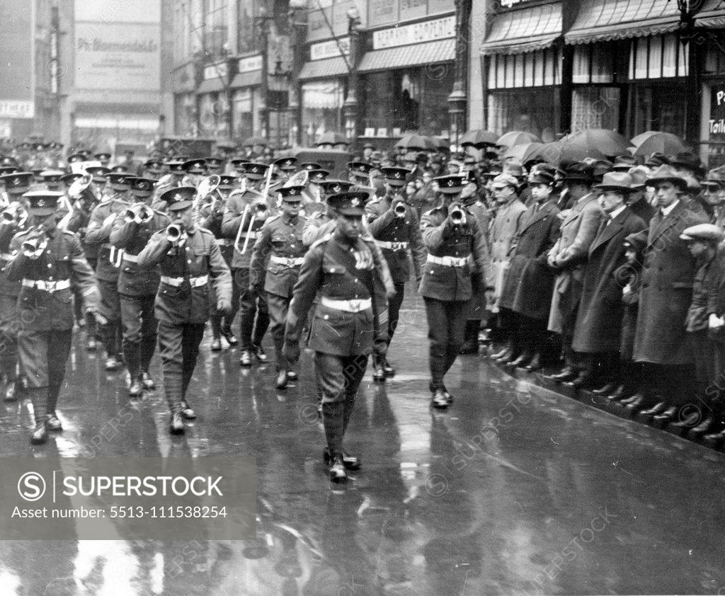 Stock Photo: 5513-111538254 The Evacuation of the Rhine: The British Army, after seven years, began the Evacuation of Cologne on the eve of the signing of the Locarno Peace Pact. The last Church Parade. The band leading the troops as they leave the church after the last church parade. January 1, 1929. (Photo by Sport & General Press Agency, Limited).