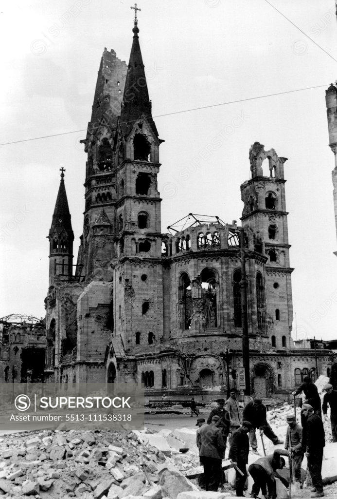 Stock Photo: 5513-111538318 Gamblers Rebuilding Berlin Church: The war-damaged 'Gadachtniskirche', which gamblers will help to rebuild. Jaded Berliners who are fond of a gamble can follow their fancy - and help rebuild some of the city's war-shattered landmarks. At the Cafe l'Europe in the British sector, gamblers now play 'Rolo', a game similar to roulette. Twenty-five per cent of the proceeds go to reconstruction of the neighbouring 'Gedachtniskirche' on the Kurfurstendamm, and a further ten per cent will be donated to n