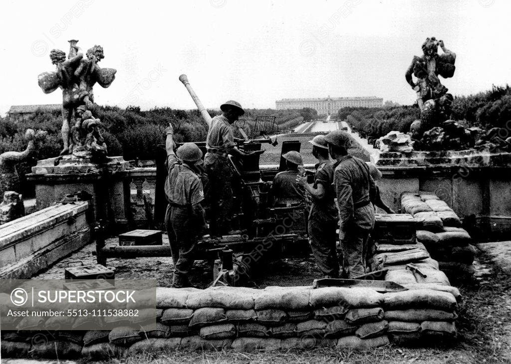 Stock Photo: 5513-111538382 Fifth Cross the Volturno: A fifth Army Bofors gun in the grounds of King Victor Emanuel's palace at Caserta (on the railway just south of the River Volturno). During the hours of darkness of Oct. 14/15 1943, the Fifth Army launched its big attack on the Volturno River. Soon several bridgeheads were in Allied hands and armour began to make the river crossing. Now (19.10.43) Allied forces are well over the river at several points and have occupied the town of Cancello, about 6 miles from the coast