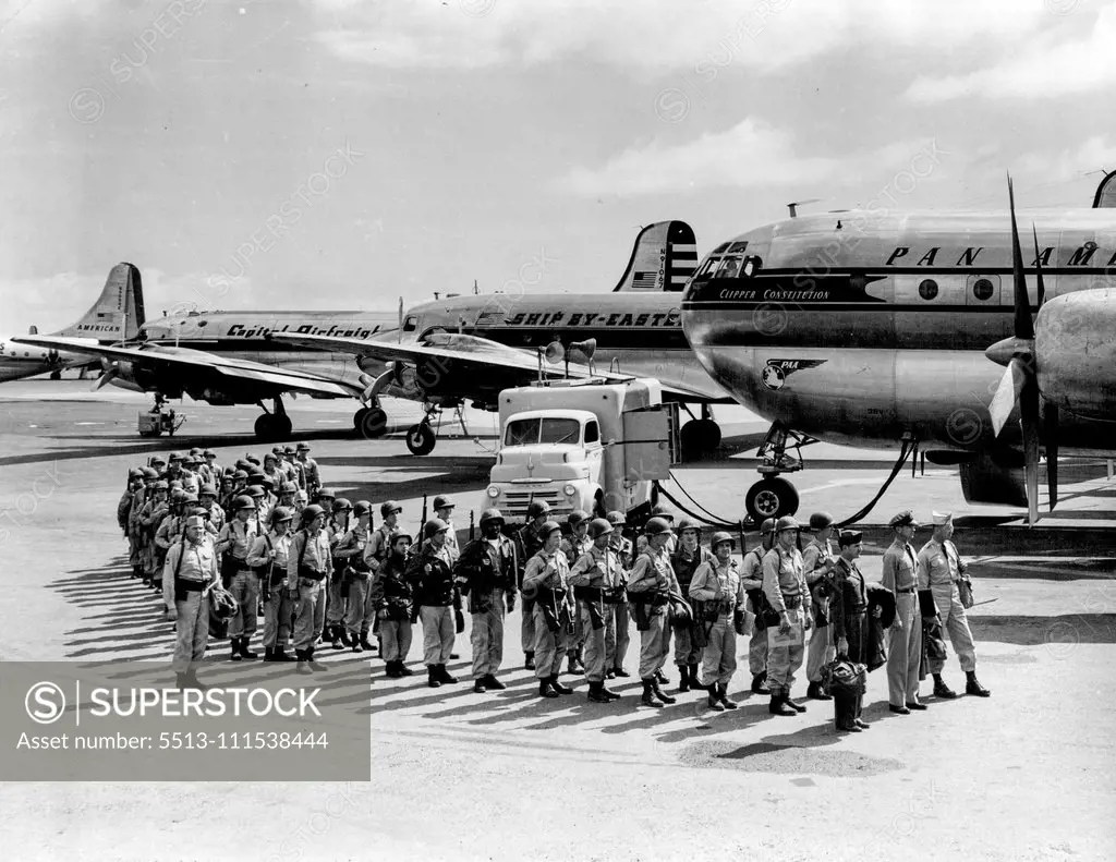 Second Line of Air Defense: Civil airlines of the United States forgot their commercial rivalries to answer the call of the armed forces for a Pacific airlift. Now completing three years of service on June 30th, the airlines have demonstrated teamwork in assisting the Military Air Transport Service with its huge problems of supplying the battle front in Korea. August 14, 1953.(Photo by Pan American World Airways Photo).
