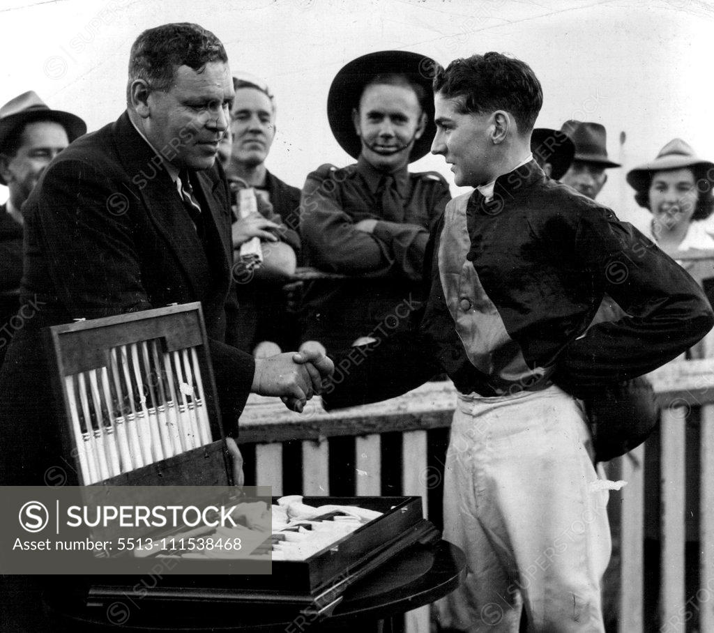 Stock Photo: 5513-111538468 J. Thompson - Premier Jockey Moorefield. August 6, 1944.