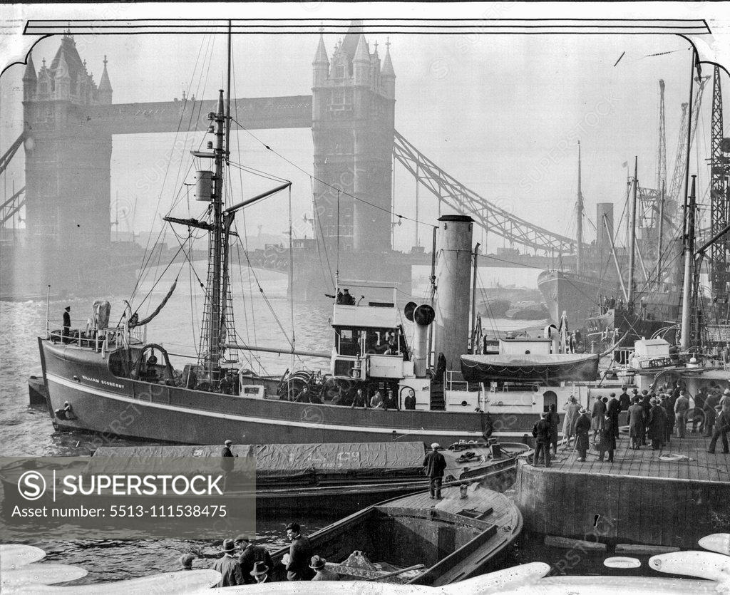 Stock Photo: 5513-111538475 Off To The Antarctic Again: The Royal Research Ship "Silliam Scoresby" leaving St. Katherine's Dock, for the Antarctic to resume investigations into the movements of whales. The crew will thus spend Christmas amid to icy wastes. December 30, 1930. (Photo by Central Press Photograph).