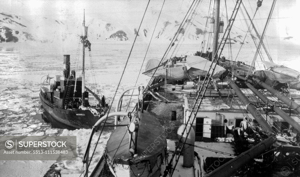 Stock Photo: 5513-111538483 First Photos Walkins-Hearst Antarctic Expedition: The land-Locked harbor at deception island covered with broken ice. March 14, 1929. (Photo by Universal Service).